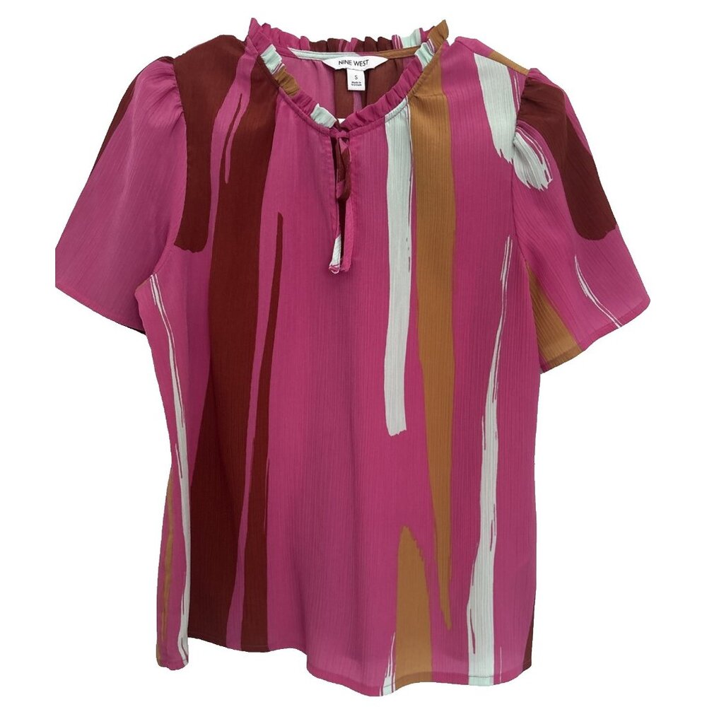 Nine West Blouse Women’s Pink & Multicolored Geometric Short Sleeve Blouse Sz Sm